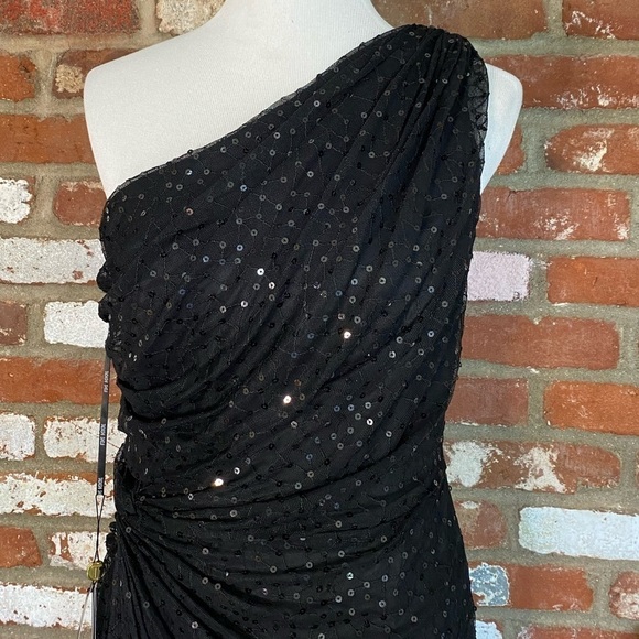 TADASHI SHOJI Black Mesh Sequin One Shoulder Dress size large Holiday New Years - Picture 5 of 10
